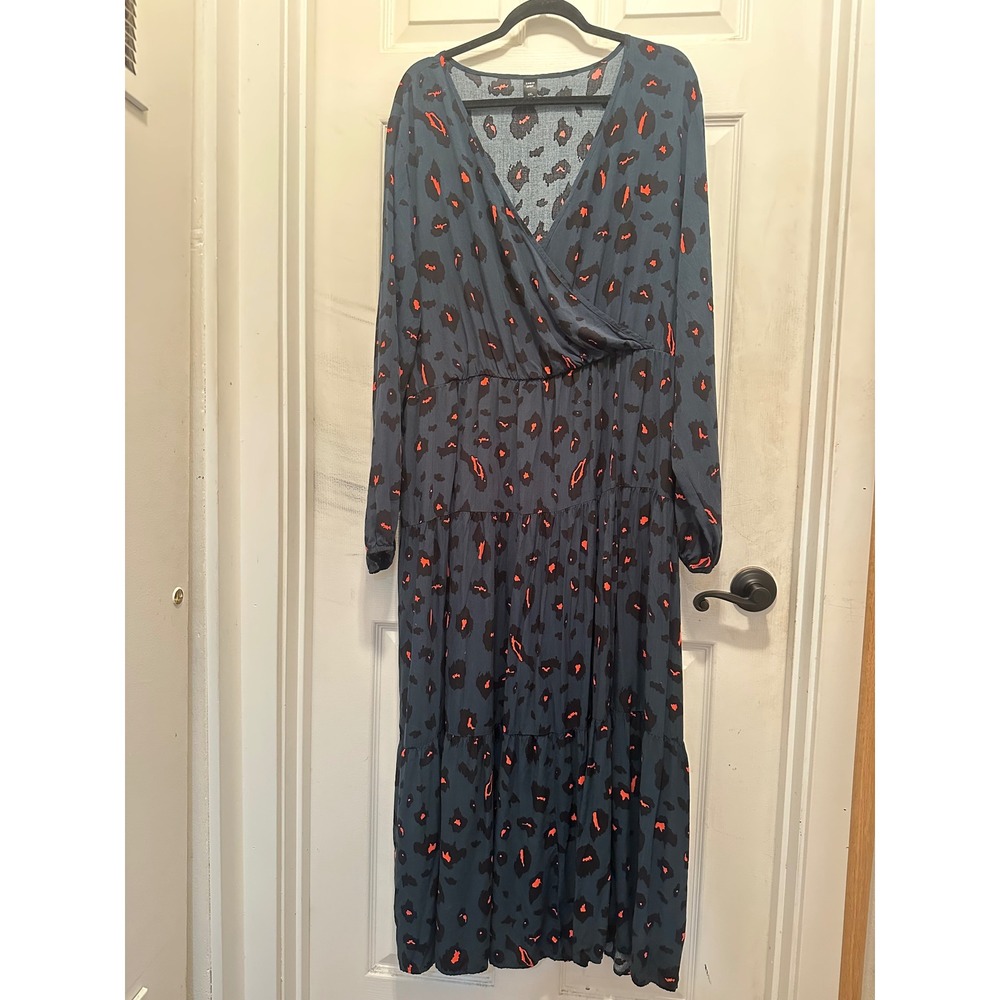Shein Curve Leopard Print Maxi Dress Blue Orange Animal Print Tiered Wrap 4XL